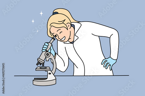 Smiling young woman scientist look in microscope in laboratory. Happy female lab worker do scientific research with medical equipment. Medicine and experiment. Flat vector illustration. 