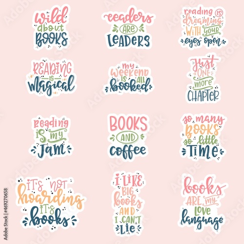 Books and reading lettering set Hand drawn typography poster. Conceptual handwritten phrase T shirt hand lettered calligraphic design. Inspirational vector. Vector illustration