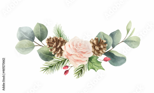 Watercolor vector Christmas bouquet with fir branches, roses and eucalyptus.
