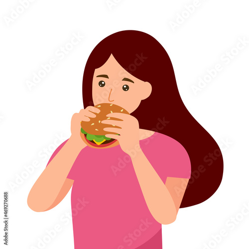 Hungry woman eating hamburger in flat design on white background.