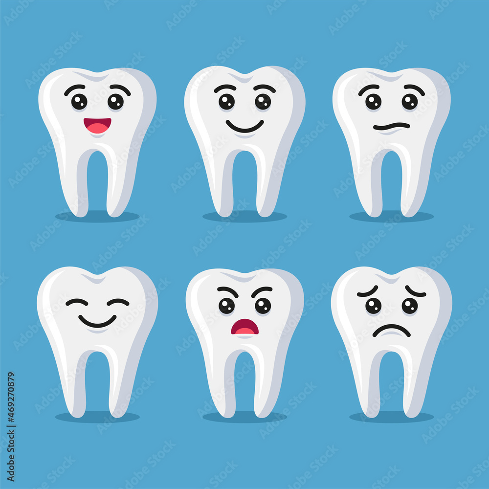 Tooth Emoji Set Cartoon Style on Blue Background. Vector Tooth Emoji Set Cartoon Style on Blue Background. Vector