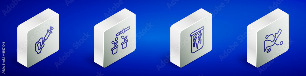 Set Isometric line Syringe, Pipette and plant, Experimental animal and Prosthesis hand icon. Vector Set Isometric line Syringe, Pipette and plant, Experimental animal and Prosthesis hand icon. Vector