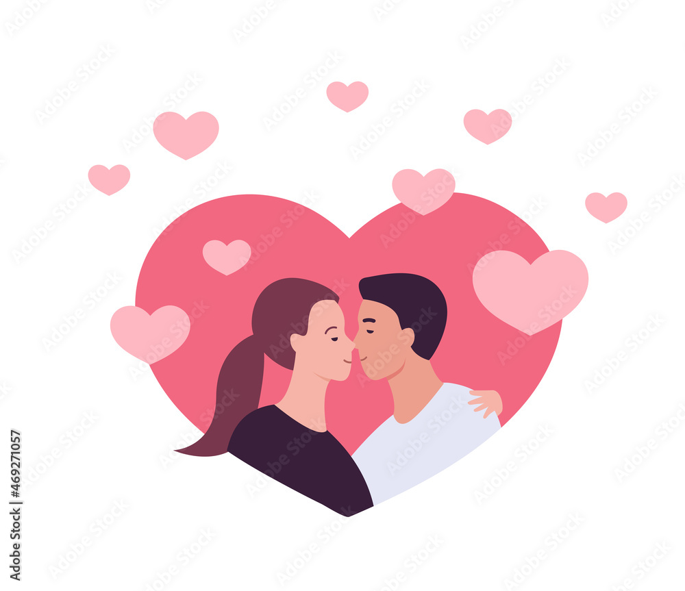 Love, date and relationship concept. Vector flat people illustration. Couple of man and woman lover on pink heart background isolated on white. Design for valentine day holiday, dating service. Love, date and relationship concept. Vector flat people illustration. Couple of man and woman lover on pink heart background isolated on white. Design for valentine day holiday, dating service.