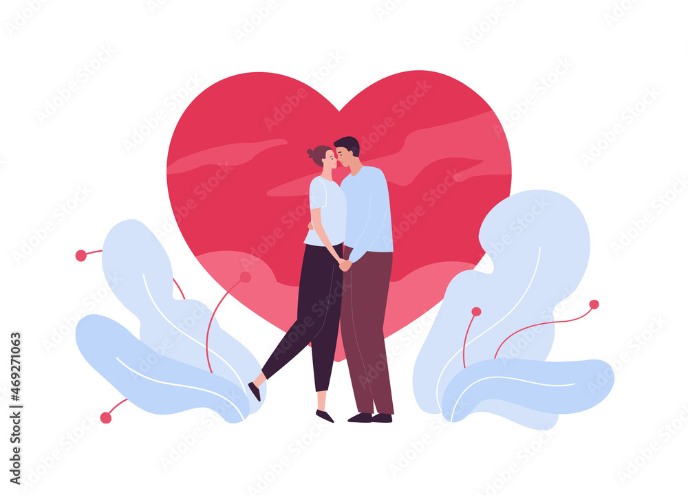 Love, date and relationship concept. Vector flat people illustration. Full length man and woman standing lovers couple standing in romantic pose on pink heart background. Design for valentine day. Love, date and relationship concept. Vector flat people illustration. Full length man and woman standing lovers couple standing in romantic pose on pink heart background. Design for valentine day.