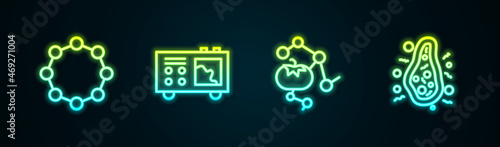 Set line Chemical formula, Spectrometer, Genetically modified food and Bacteria. Glowing neon icon. Vector