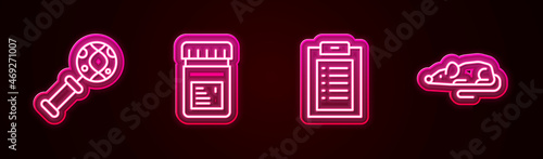 Set line DNA research, search, Jar with additives, Clinical record and Experimental mouse. Glowing neon icon. Vector