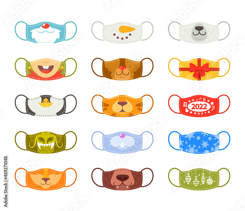 Medic Masks with Animal Muzzles and Xmas Characters, Cute Cartoon Fox, Tiger or Rabbit with Bear, Penguin, Dragon, Santa
