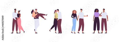 Love, date and relationship concept. Vector flat people character illustration set. Collection of full length man and woman in romantic pose and friends. Design for valentine day, anniversary.