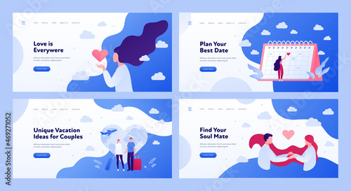 Relationship and love banner template. Vector flat people illustration. Online dating and travel concept. Set of horizontal layout. Heart, couple of tourist with bag symbol. Woman set date in calendar