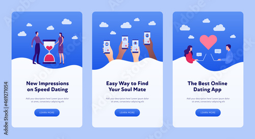 Relationship and love banner template. Vector flat people illustration. Online and speed dating concept. Set of vertical layout. Heart, hourglass and laptop symbol. Hand hold phone.