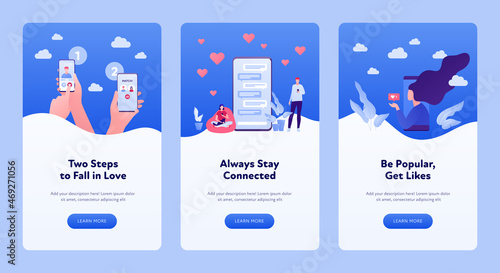 Relatioship and love banner template. Vector flat people illustration. Online and speed dating concept. Set of vertical layout. Heart, chat and social media like symbol. Hand hold smartphone.