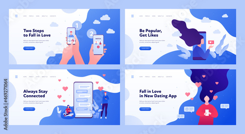 Relatioship and love banner template. Vector flat people illustration. Online and speed dating concept. Set of horizontal layout. Heart, chat and social media like symbol. Hand hold phone.