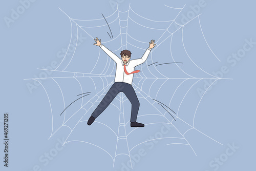 Anxious businessman trapped in spider web. Worried unhappy employee caught in debt burden. Risk business concept. Dangerous project. Flat vector illustration, cartoon character. 