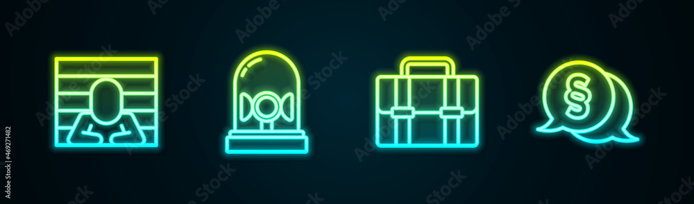 Set line Prisoner, Flasher siren, Briefcase and Law. Glowing neon icon. Vector