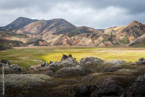 Landmannalaugar area in Iceland famous for its colorful mountains and lava fields.