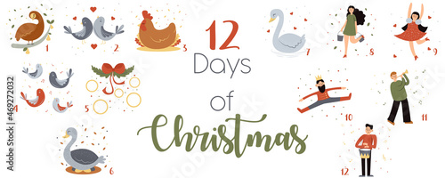 12 Days of Christmas birds bells people dancing friends have fun new year confetti gifts tree music love comfort home family