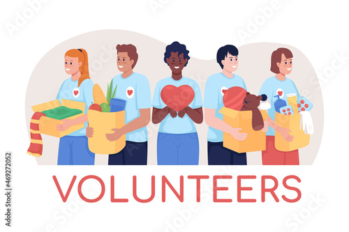 Volunteers 2D vector isolated illustration. Contributing to humanitarian aid. Smiling man and woman. Social service worker flat characters on cartoon background. Charity work colourful scene