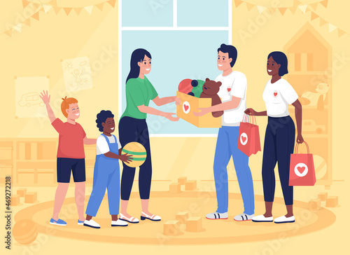 Donating to orphanage flat color vector illustration. Non profit help for community. Give kids toys. Children and volunteers 2D cartoon characters with kindergarten room interior on background photo