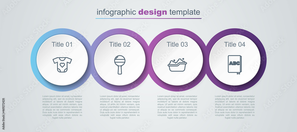 Set line Baby clothes, Rattle baby toy, bathtub and ABC book. Business infographic template. Vector Set line Baby clothes, Rattle baby toy, bathtub and ABC book. Business infographic template. Vector