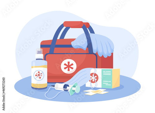 First aid kit 2D vector isolated illustration. Paramedic bag. Doctor supplies. Medical help equipment flat composition on cartoon background. Emergency situation assistance tools colourful scene