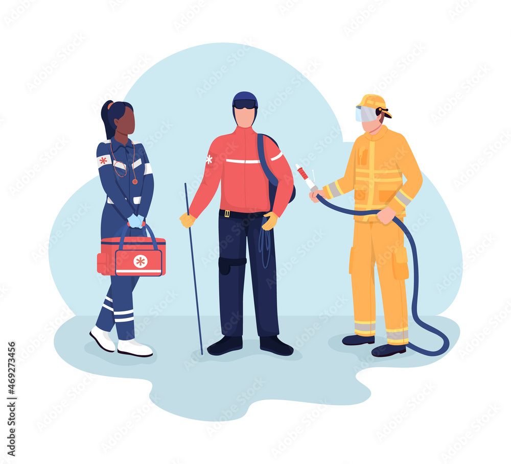 Rescuers 2D vector isolated illustration. Social service people. Lifesaver and fireman. Woman and man in uniform flat characters on cartoon background. Emergency situation help colourful scene Rescuers 2D vector isolated illustration. Social service people. Lifesaver and fireman. Woman and man in uniform flat characters on cartoon background. Emergency situation help colourful scene