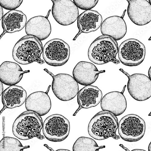 Vector hand drawn seamless pattern of passion fruits. Delicious tropical vegetarian objects. Use for restaurant, menu, smoothie bowl, market, store, party decoration, meal