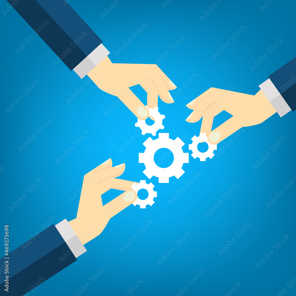 Business concept. Team metaphor. Employee team create mechanism with cogs. Symbol of teamwork, cooperation, partnership. Business concept. Team metaphor. Employee team create mechanism with cogs. Symbol of teamwork, cooperation, partnership.
