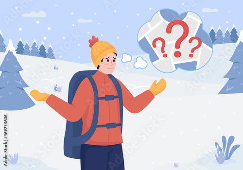 Lost in forest flat color vector illustration. Survivor with backpack panic and thinking of map. Camper question location. Confused man 2D cartoon character with winter hills with trees on background