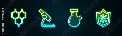 Set line Chemical formula, Microscope, Test tube and flask and Shield protecting from virus. Glowing neon icon. Vector