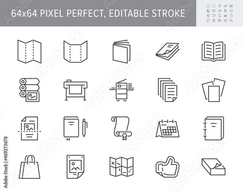 Printing house line icons. Vector illustration include icon - large format, brochure, booklet, typography, guidebook, calendar outline pictogram for polygraphy. 64x64 Pixel Perfect, Editable Stroke photo