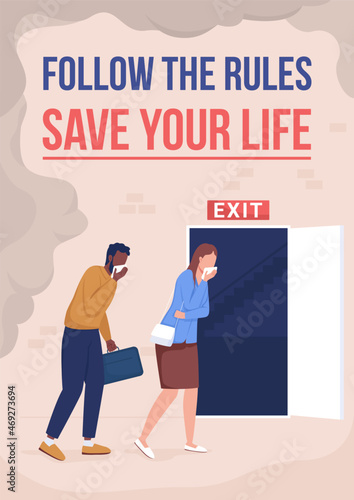 Emergency fire escape poster flat vector template. Office procedure. Brochure, booklet one page concept design with cartoon characters. Follow rules to save your life flyer, leaflet with copy space