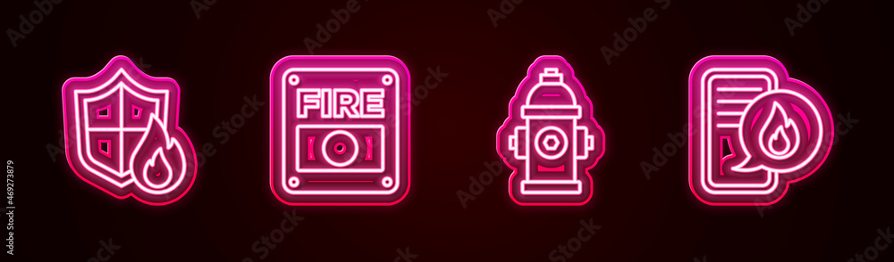 Set line Fire protection shield, alarm system, hydrant and Phone with emergency call 911. Glowing neon icon. Vector Set line Fire protection shield, alarm system, hydrant and Phone with emergency call 911. Glowing neon icon. Vector