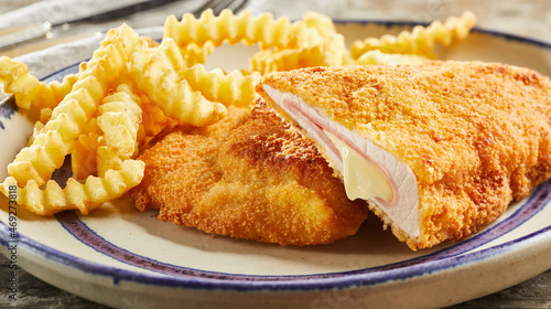 Konstfotografi Tasty cordon bleu and crinkle cut fries