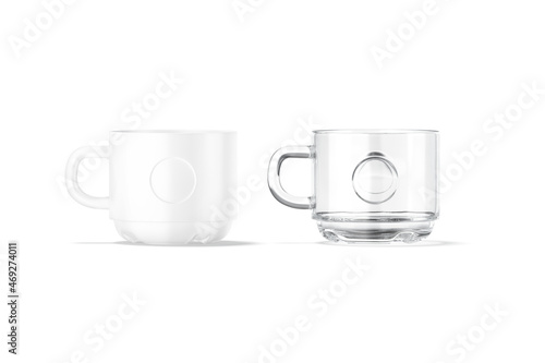 Blank ceramic and glass 8oz mug with label mockup stand photo