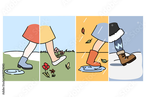 Girl in different clothing walk on street during changing seasons. Woman have various clothes in winter, spring, summer and autumn. Seasonal garment. Fashion and style. Vector illustration. 