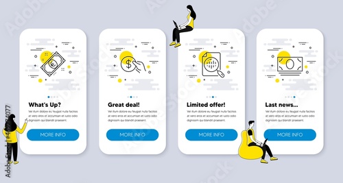 Set of Finance icons, such as Analytics chart, Euro money, Payment icons. UI phone app screens with people. Cash money line symbols. Report analysis, Cash, Usd coin. Banking currency. Vector