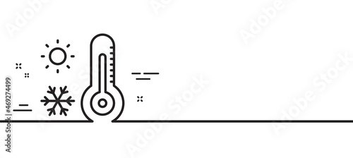 Weather thermometer line icon. Winter snowflake, sun sign. Temperature symbol. Minimal line illustration background. Weather thermometer line icon pattern banner. White web template concept. Vector