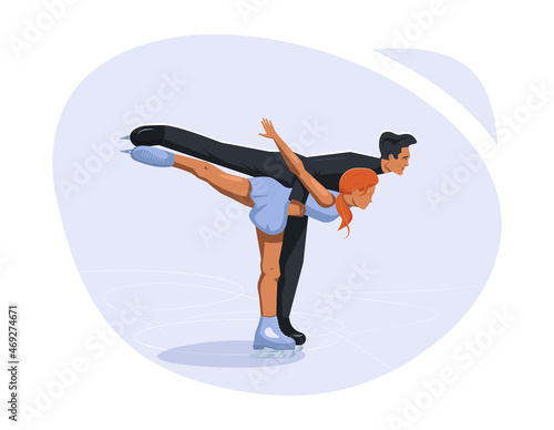 Figure skating vector flat design illustration. Two skaters perform elements