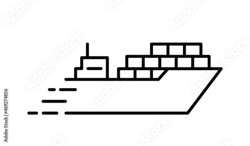 Cargo ship line icon. Freight transportation boat. Logistics and delivery concept. Container sea vessel. International trade idea. Freighter with boxes of goods. Vector illustration, flat, clip art. 