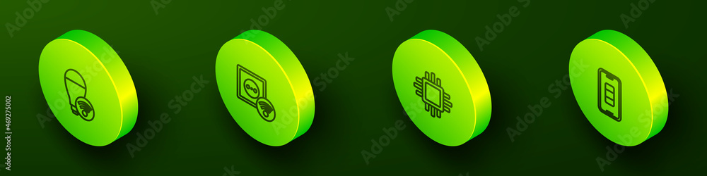 Set Isometric line Smart light bulb, electrical outlet, Processor with CPU and Smartphone battery charge icon. Vector Set Isometric line Smart light bulb, electrical outlet, Processor with CPU and Smartphone battery charge icon. Vector