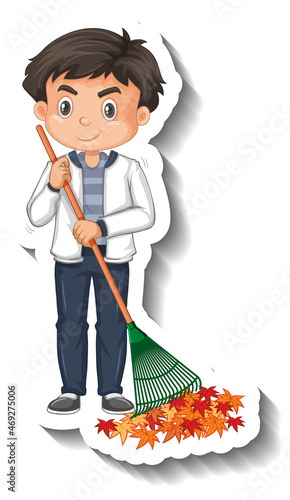 Boy raking leaves cartoon sticker on white background