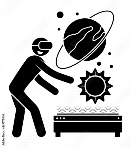 stick man figure, student, scientist in virtual reality glasses looks at solar system. High technologies in modern education. Simple black and white vector isolated on white background