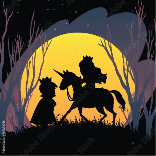 Halloween night background with prince and princess silhouette