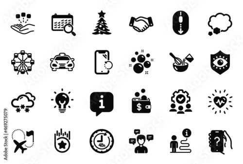 Vector Set of Business icons related to Cooking whisk, Heartbeat and Loyalty star icons. Clean bubbles, Eye protection and Taxi signs. Employees handshake, Destination flag and Snow weather. Vector