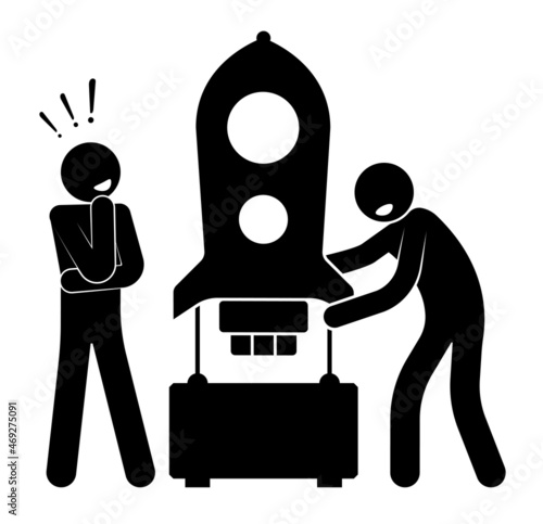 Stick figure, engineers are assembling model of space rocket on pedestal. Design of rockets and ships in aerospace industry. Simple black and white vector isolated on white background