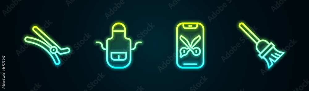 Set line Hair clip, Barber apron, online service or platform and Mop. Glowing neon icon. Vector Set line Hair clip, Barber apron, online service or platform and Mop. Glowing neon icon. Vector