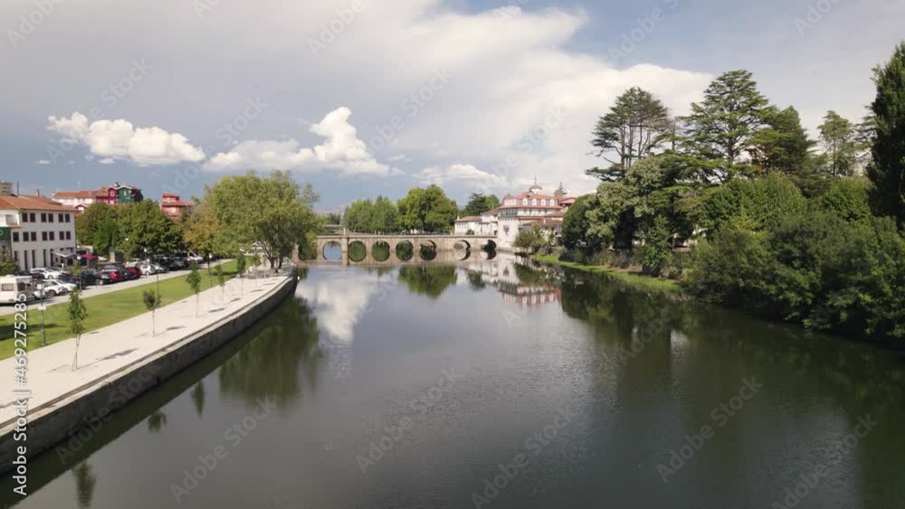 Aerial slowly rotating over Tamega river panorama at Chaves Downtown - Portugal Aerial slowly rotating over Tamega river panorama at Chaves Downtown - Portugal