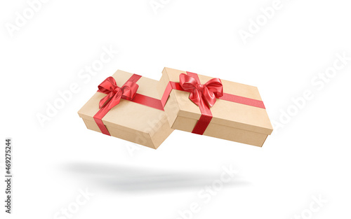 Blank craft gift box with red ribbon bow mockup, isolated