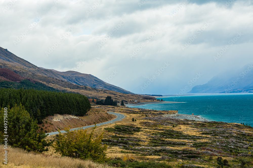 ニュージーランド　カンタベリー地方にあるプカキ湖のビューポイントから望む風景