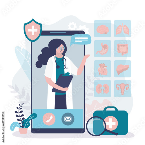Online doctor offers to schedule full examination of internal organs. Nurse on phone screen offers to undergo medical check up